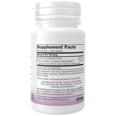NOW Foods Solutions, Glutathione Skin Brightener with Ceramosides, Moisturizing and Illuminating, 30 Veg Capsules