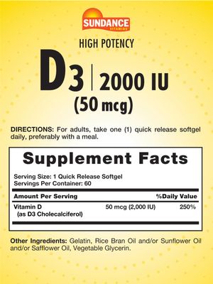 Sundance Vitamin D3 2000 IU | 60 Quick Release Softgels | High Potency | Non-GMO and Gluten Free Supplement