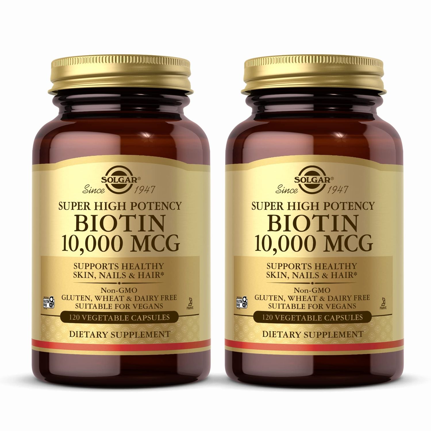 SOLGAR Super High Potency Biotin 10,000 mcg - 120 Vegetable Capsules, Pack of 2 - Supports Healthy Skin, Nails &amp; Hair - Non-GMO, Vegan, Gluten &amp; Dairy Free - 240 Total Servings