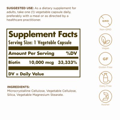 SOLGAR Super High Potency Biotin 10,000 mcg - 120 Vegetable Capsules, Pack of 2 - Supports Healthy Skin, Nails & Hair - Non-GMO, Vegan, Gluten & Dairy Free - 240 Total Servings