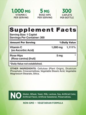 Nature's Truth Vitamin C 1000mg with Rose HIPS Caplets | 300 Count | Vegetarian, Non-GMO &amp; Gluten Free Supplement