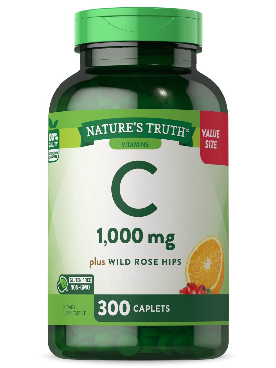 Nature&#39;s Truth Vitamin C 1000mg with Rose HIPS Caplets | 300 Count | Vegetarian, Non-GMO &amp; Gluten Free Supplement