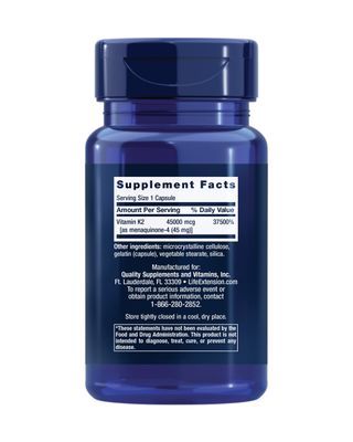 Life Extension Mega Vitamin K2 High Potency for Strong Bones, clinically Studied 45 mg K2 Dosage, Promotes Healthy Bone Density, Gluten-Free, Non-GMO, 30 Capsules