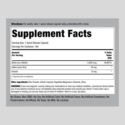 Piping Rock Biotin 5000mcg | 180 Capsules | Plus Keratin and Alpha Lipoic Acid | Non-GMO, Gluten Free Supplement