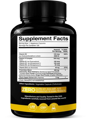 Vitamin D, K2, K1, Zinc, Quercetin, Elderberry, Turmeric, Ginger &amp; Echinacea Whole Food Supplement 8 in 1- D3 5000 IU Plant-Based from Lichen, Vitamin K (K2 MK7, MK4, K1), D3 K2 Vitamins -120 Capsules