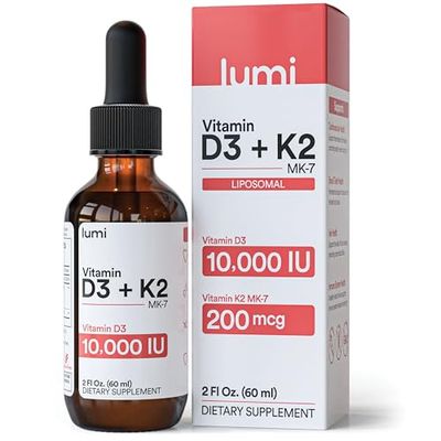 lumi Vitamin D3 K2 MK7 w Palm MCT Oil - 10000 IU D3, 200 mcg K2 MK7-60ml Liposomal Absorption Sublingual Liquid Drops - Non-GMO, Vegan, Unflavored Liquid - Monthly Supply - 2 Fl Oz - (1 Pack)