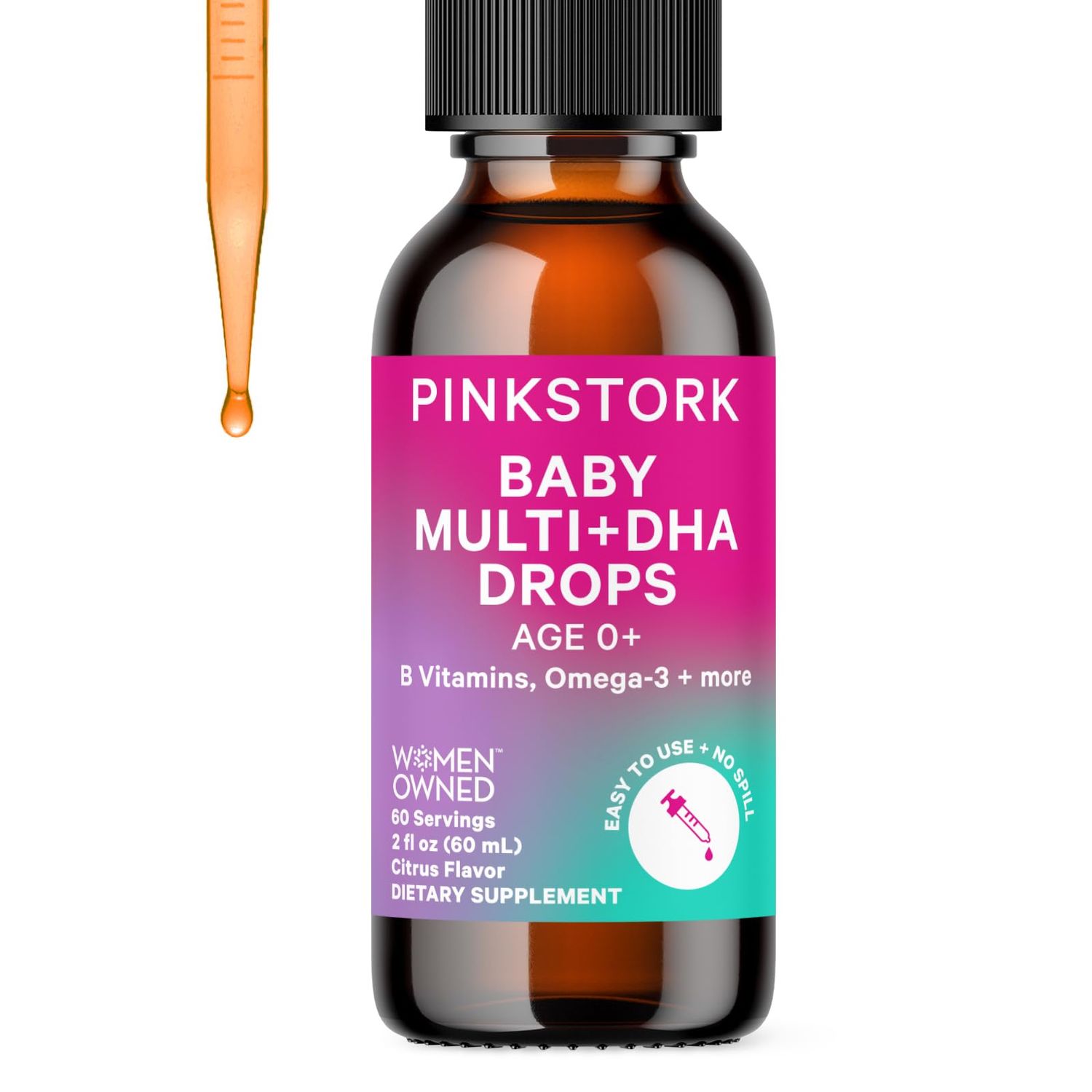 Pink Stork Baby Liquid Multivitamin Drops, Baby &amp; Toddler Vitamin Drops with DHA, Vitamin C, D, B12 and Choline to Support Brain Health and Immune Function - 2 fl oz, 2 Month Supply