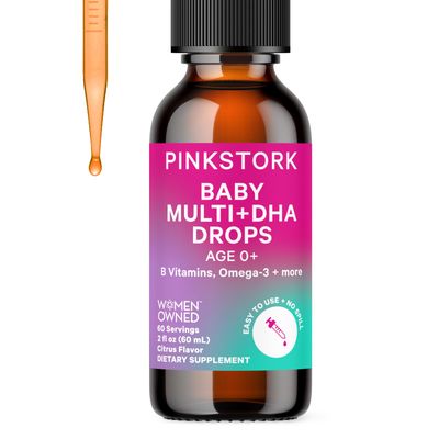 Pink Stork Baby Liquid Multivitamin Drops, Baby &amp; Toddler Vitamin Drops with DHA, Vitamin C, D, B12 and Choline to Support Brain Health and Immune Function - 2 fl oz, 2 Month Supply