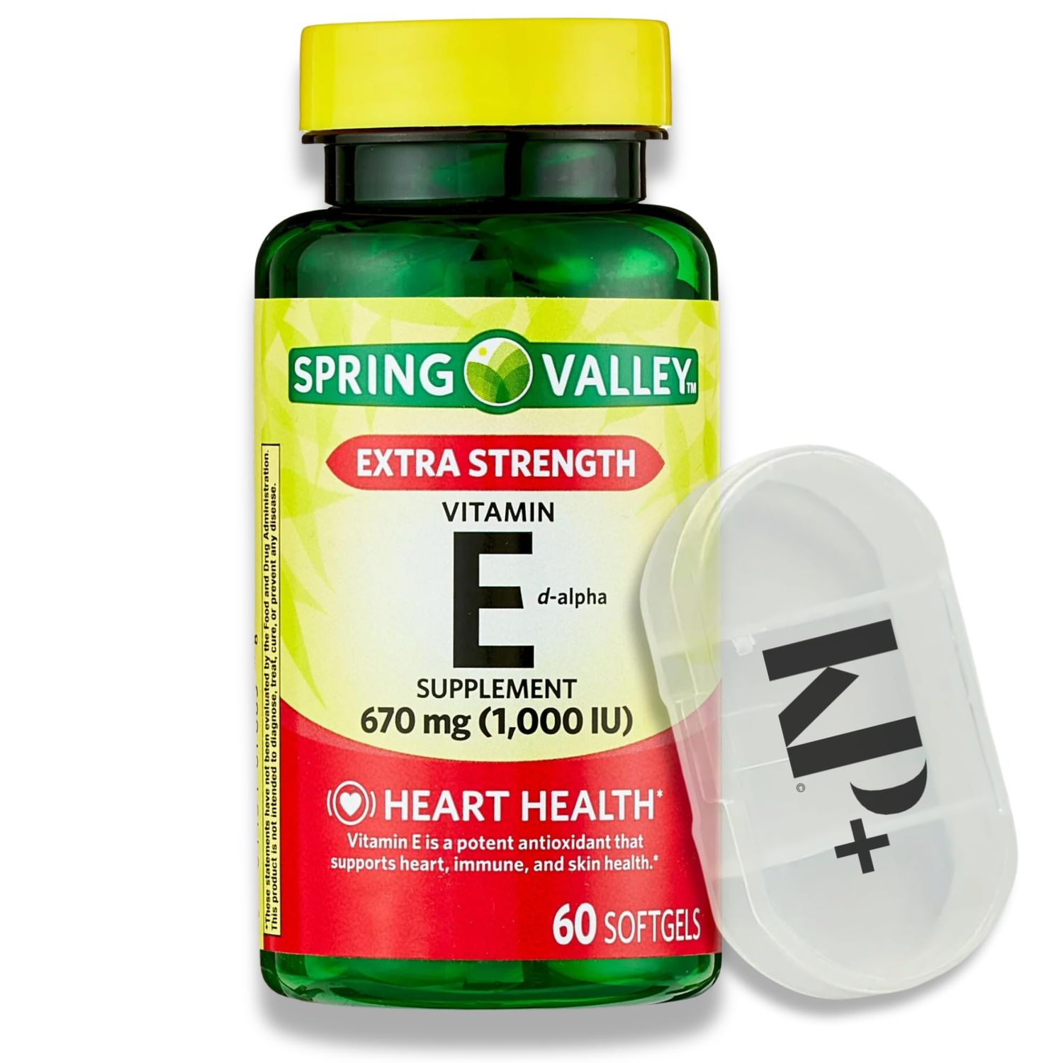 Spring Valley Vitamin E, Vitamin E Extra Strength, 670 mg (1,000 IU), Softgels, 60 Count Bundle with Pill case