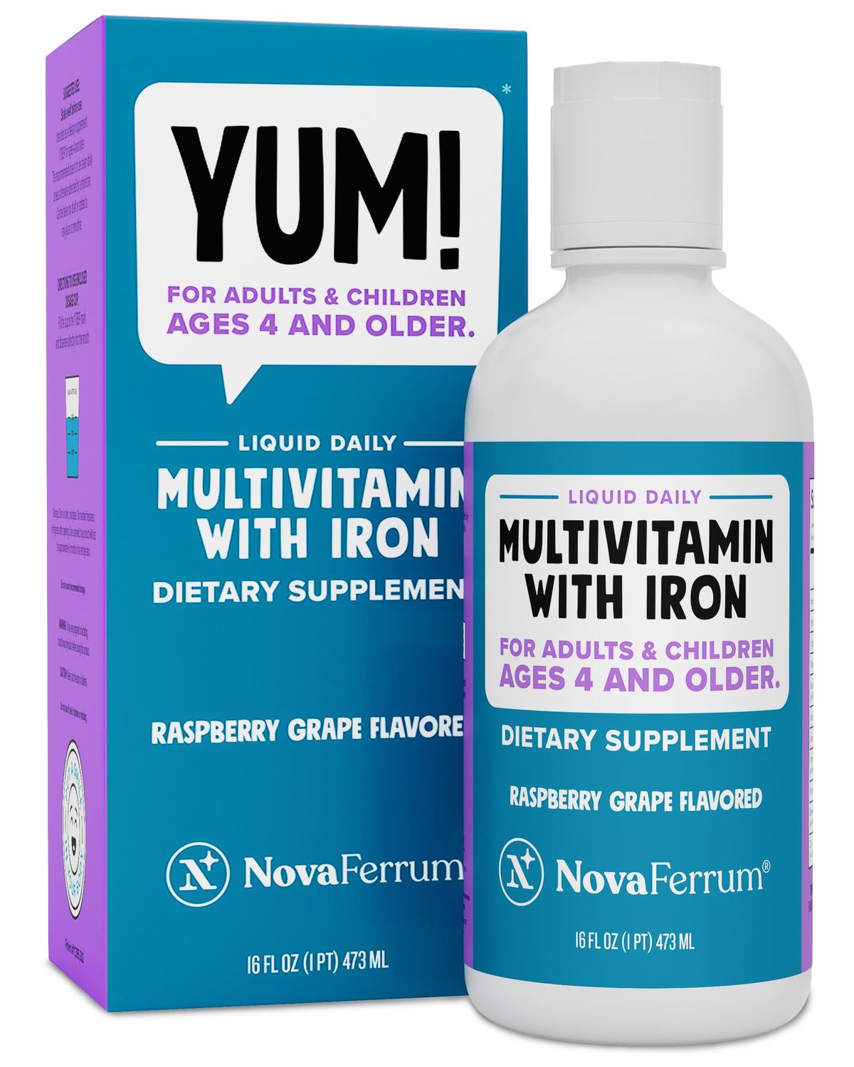 NovaFerrum Yum 16 Fl Oz | Multivitamin with Iron for Women, Men &amp; Kids | Gluten Free Certified | Sugar Free | Ages 4 &amp; Up | Raspberry Grape