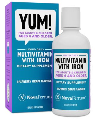 NovaFerrum Yum 16 Fl Oz | Multivitamin with Iron for Women, Men &amp; Kids | Gluten Free Certified | Sugar Free | Ages 4 &amp; Up | Raspberry Grape