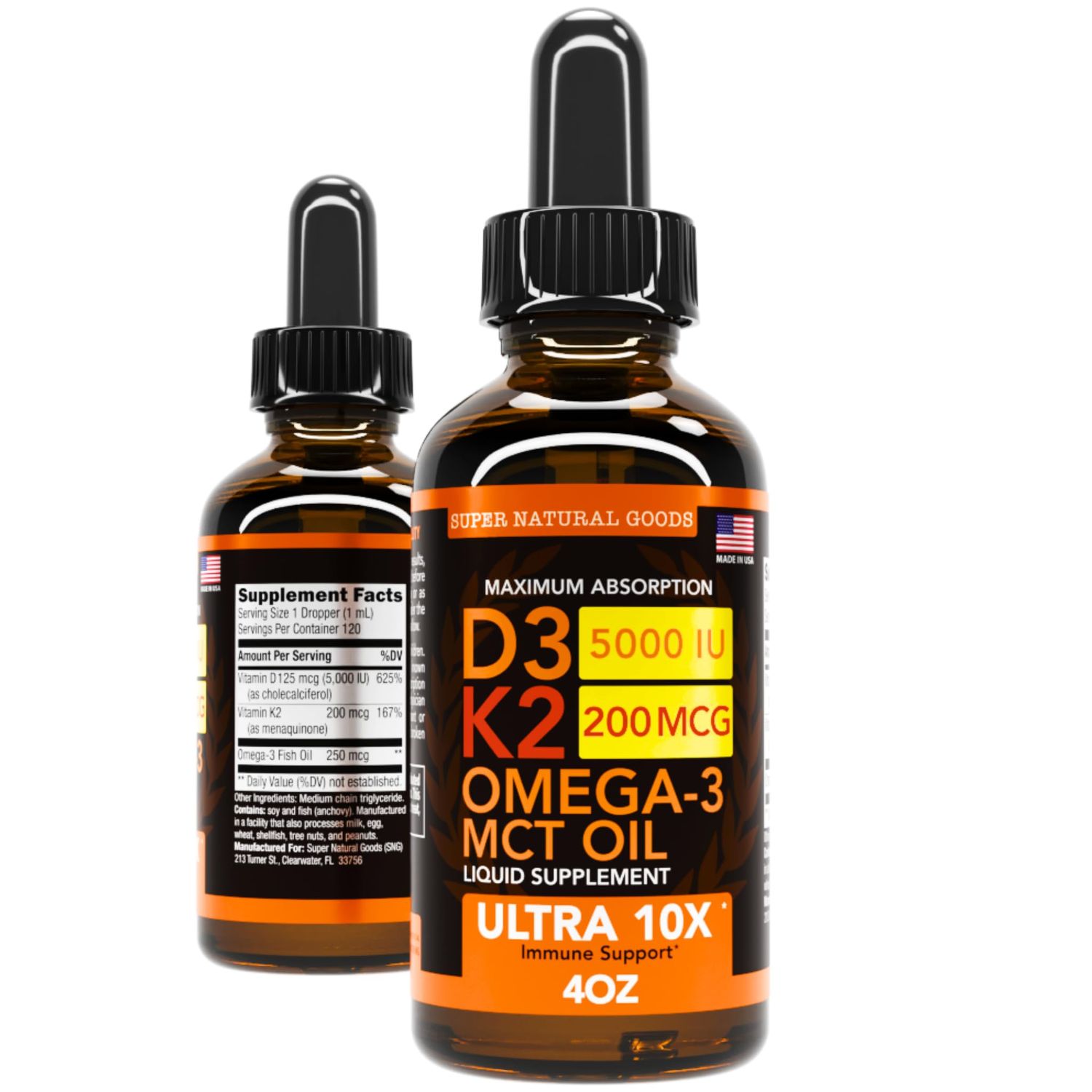 Vitamin D3 K2 Liquid Drops 5000 IU (4oz) Maximum Strength Vitamin D, K, MCT Oil &amp; Omega 3 Bone, Heart, Joint, Muscle Support Supplement. Fast Absorption Formula. 4 in 1 Complex Formula Non-GMO