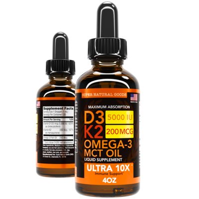 Vitamin D3 K2 Liquid Drops 5000 IU (4oz) Maximum Strength Vitamin D, K, MCT Oil &amp; Omega 3 Bone, Heart, Joint, Muscle Support Supplement. Fast Absorption Formula. 4 in 1 Complex Formula Non-GMO