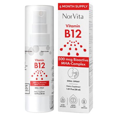 NorVita Vitamin B12 Spray 500 mcg (150 Servings) - Quick Absorption MHA Complex (Methylcobalamin, Hydroxycobalamin, Adenosylcobalamin) - Vegan, Non-GMO, Liquid B12 Supplement