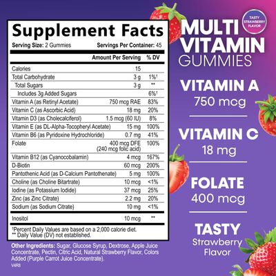 Multivitamin Gummies for Adults with 13 Vitamins and Minerals, Daily Gummy Vitamin for Women & Men, Immune Health Support Supplement with Vitamins A, C, D, E, B-6, B-12, Zinc, Berry - 90 Gummies