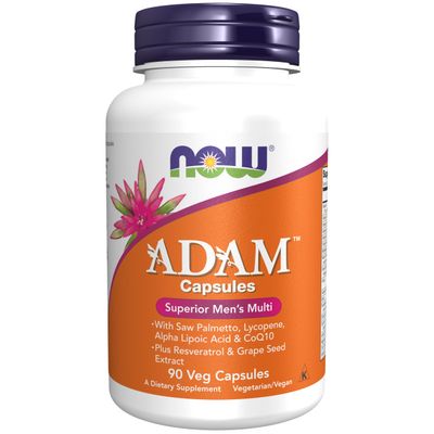 NOW Foods Supplements, ADAM Men&#39;s Multivitamin with Saw Palmetto, Lycopene, Alpha Lipoic Acid and CoQ10, Plus Natural Resveratrol &amp; Grape Seed Extract, 90 Veg Capsules