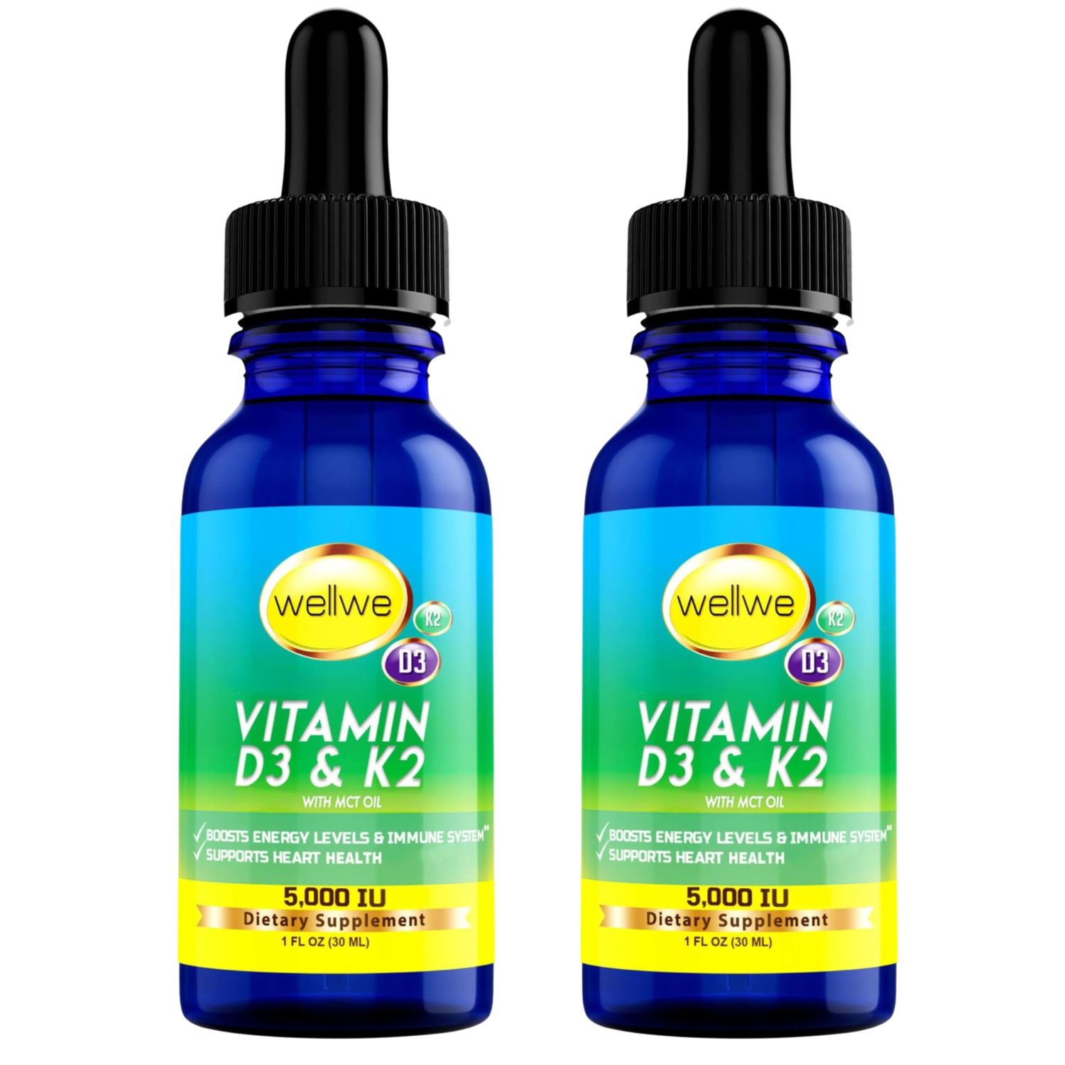 wellwe 2 Bottles Liquid Vitamin D3 K2 Drops 5000 IU with MCT Oil - Vegan Liquid Vitamin D Supplement to Boost Energy Levels, Mood and Immune System, Unflavored, No Odor, Gluten-Free, Non-GMO, 2 Fl Oz