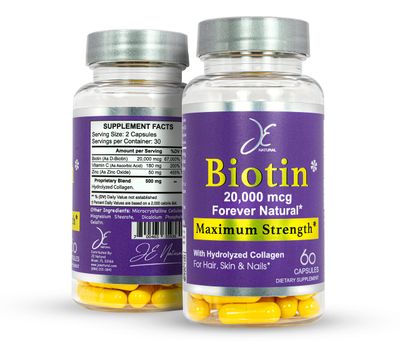 JE Natural Biotin Hair Skin and Nails Vitamins, Vitamin C, Biotin and Collagen Supplements That Make Hair Grow Faster and Longer, for All Ages, 60 Capsules of Biotin 20000mcg Maximum Strength.