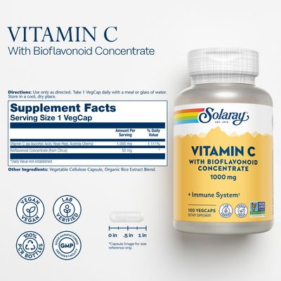 Solaray Vitamin C with Bioflavonoid Concentrate - Rose HIPS, Acerola Cherry and Bioflavonoids - Vitamin C 1000mg - Immune Function, Skin, Hair, Nails Support - Vegan - 100 Servings, 100 VegCaps