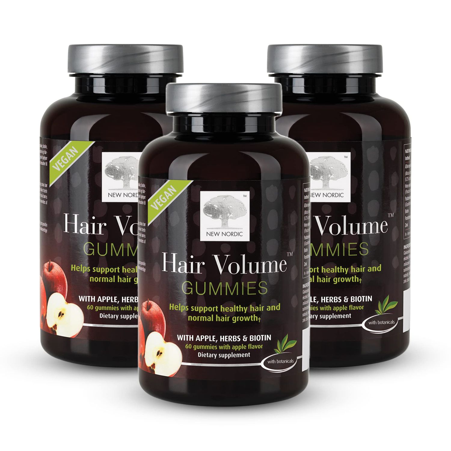 NEW NORDIC Hair Volume Gummies, 2500 mcg Biotin Daily Intake, Hair Vitamins to Support Hair Skin &amp; Nails, Vegan Hair Supplement for Men and Women, 60 Count (Pack of 3)