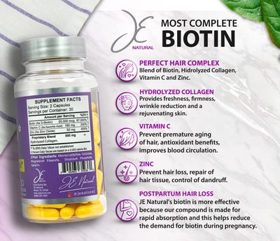 JE Natural Biotin Hair Skin and Nails Vitamins, Vitamin C, Biotin and Collagen Supplements That Make Hair Grow Faster and Longer, for All Ages, 60 Capsules of Biotin 20000mcg Maximum Strength.
