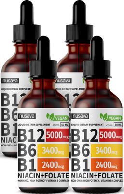 (4 Pack) Vitamin B12 Liquid Drops, Vegan B12 Sublingual 5000 mcg, Methylcobalamin B12, Liquid B12 Drops, Vitamin B12 Sublingual Supports Energy, Brain &amp; Heart with 27,200 mcg Per Serving, 80 Servings