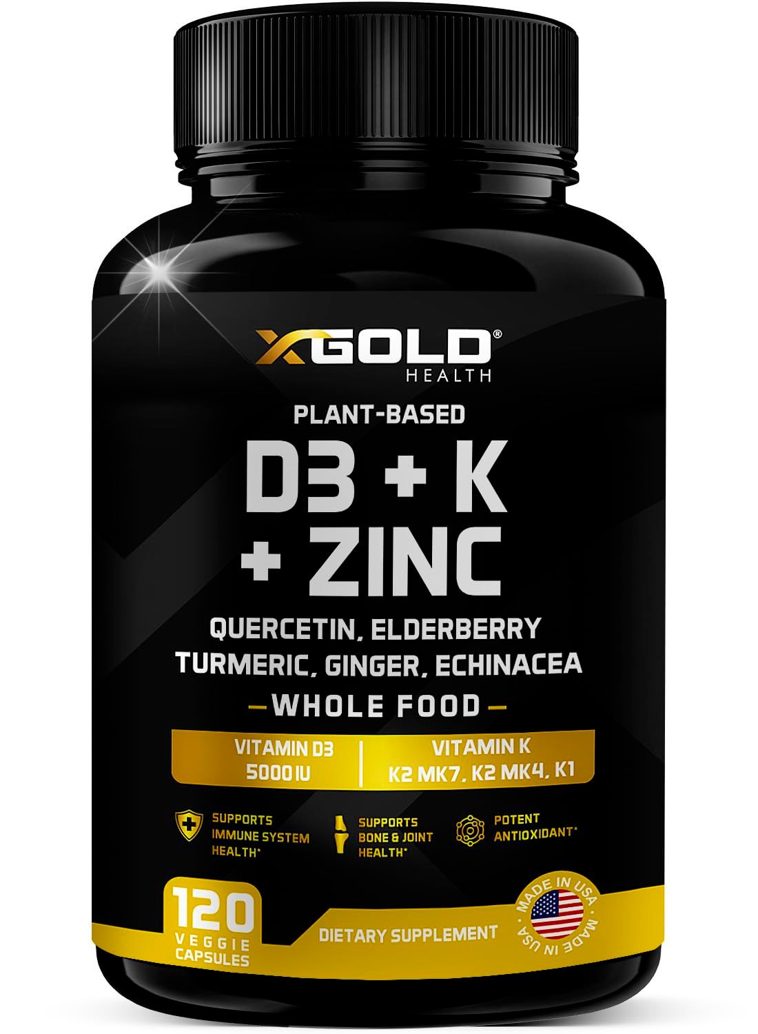 Vitamin D, K2, K1, Zinc, Quercetin, Elderberry, Turmeric, Ginger &amp; Echinacea Whole Food Supplement 8 in 1- D3 5000 IU Plant-Based from Lichen, Vitamin K (K2 MK7, MK4, K1), D3 K2 Vitamins -120 Capsules