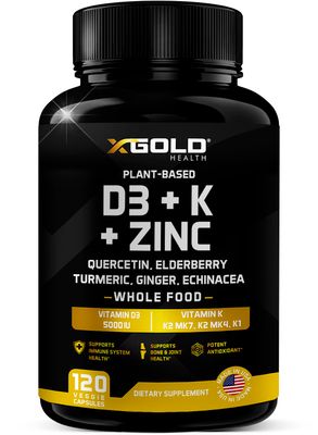 Vitamin D, K2, K1, Zinc, Quercetin, Elderberry, Turmeric, Ginger &amp; Echinacea Whole Food Supplement 8 in 1- D3 5000 IU Plant-Based from Lichen, Vitamin K (K2 MK7, MK4, K1), D3 K2 Vitamins -120 Capsules