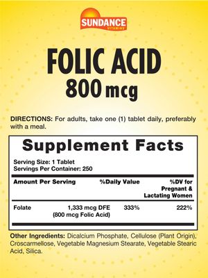 Sundance Folic Acid 800 mcg | 250 Vegetarian Tablets | Essential B-Vitamin | Vegetarian, Non-GMO, and Gluten Free Supplement