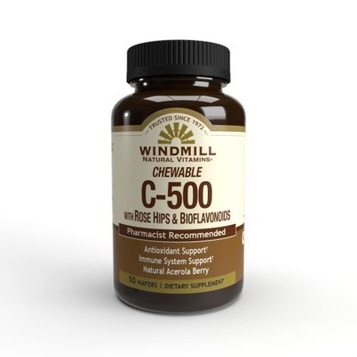 Windmill Natural Vitamins Vitamin C 500 mg, with Rose HIPS and Bioflavonoids, Immune Booster, Antioxidant Support, Chewable Tablets, Acerola Berry, 50 Tablets, 50 Servings