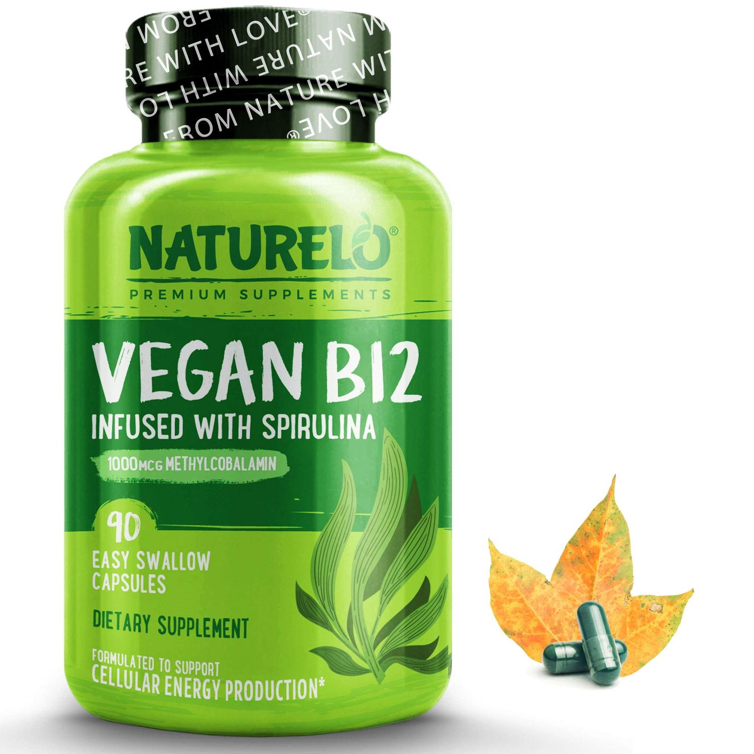 NATURELO Vegan B12 - Methyl B12 with Organic Spirulina - High Potency Vitamin B12 1000 mcg Methylcobalamin - Supports Healthy Mood, Energy, Heart &amp; Eye Health - 90 Capsules