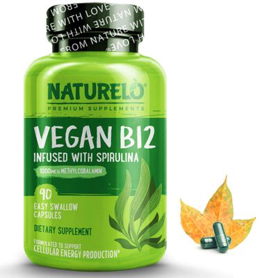 NATURELO Vegan B12 - Methyl B12 with Organic Spirulina - High Potency Vitamin B12 1000 mcg Methylcobalamin - Supports Healthy Mood, Energy, Heart &amp; Eye Health - 90 Capsules