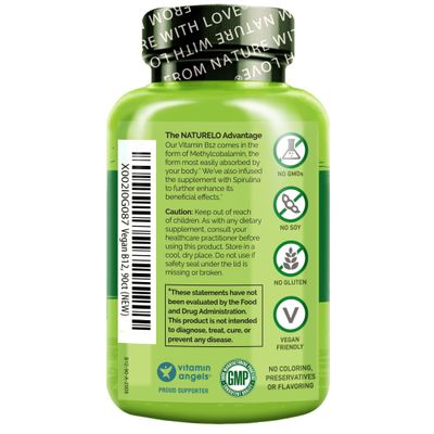 NATURELO Vegan B12 - Methyl B12 with Organic Spirulina - High Potency Vitamin B12 1000 mcg Methylcobalamin - Supports Healthy Mood, Energy, Heart &amp; Eye Health - 90 Capsules
