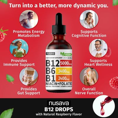 (4 Pack) Vitamin B12 Liquid Drops, Vegan B12 Sublingual 5000 mcg, Methylcobalamin B12, Liquid B12 Drops, Vitamin B12 Sublingual Supports Energy, Brain &amp; Heart with 27,200 mcg Per Serving, 80 Servings