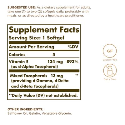 SOLGAR Vitamin E 200 IU - 100 Softgels - Natural Antioxidant, Immune System Support - Gluten Free, Dairy Free - 100 Servings