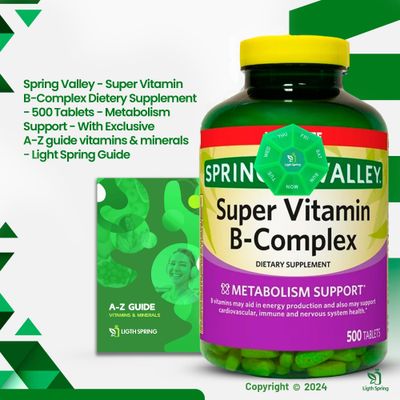 Light Spring Super B-Complex Tablets (500 Count) Vitamin B6, B12, C,Thiamine, Biotin, No Gluten, Complete Dietary Supplement, Includes Light&Spring Guide, Energy & Immunity