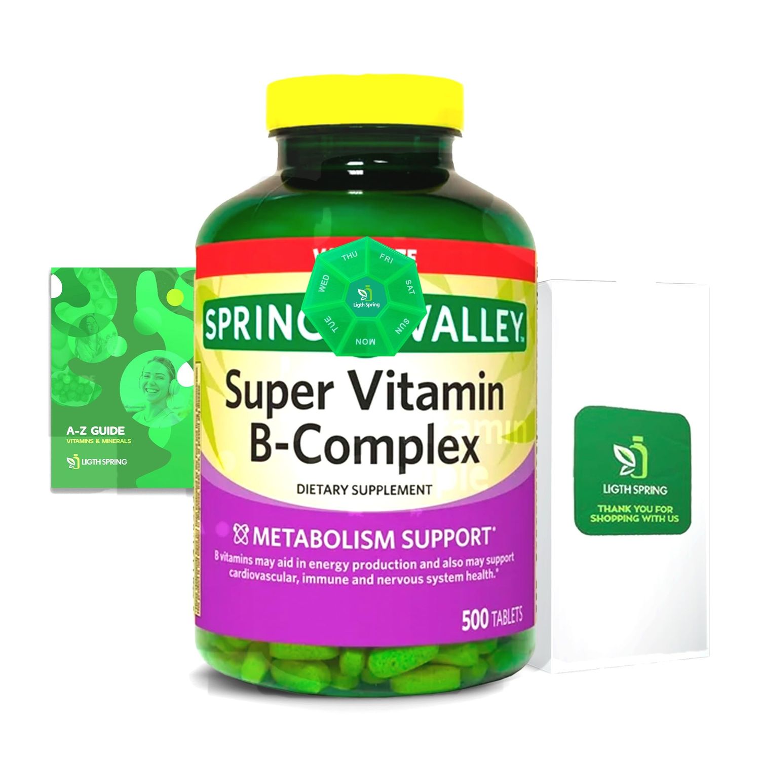 Light Spring Super B-Complex Tablets (500 Count) Vitamin B6, B12, C,Thiamine, Biotin, No Gluten, Complete Dietary Supplement, Includes Light&amp;Spring Guide, Energy &amp; Immunity