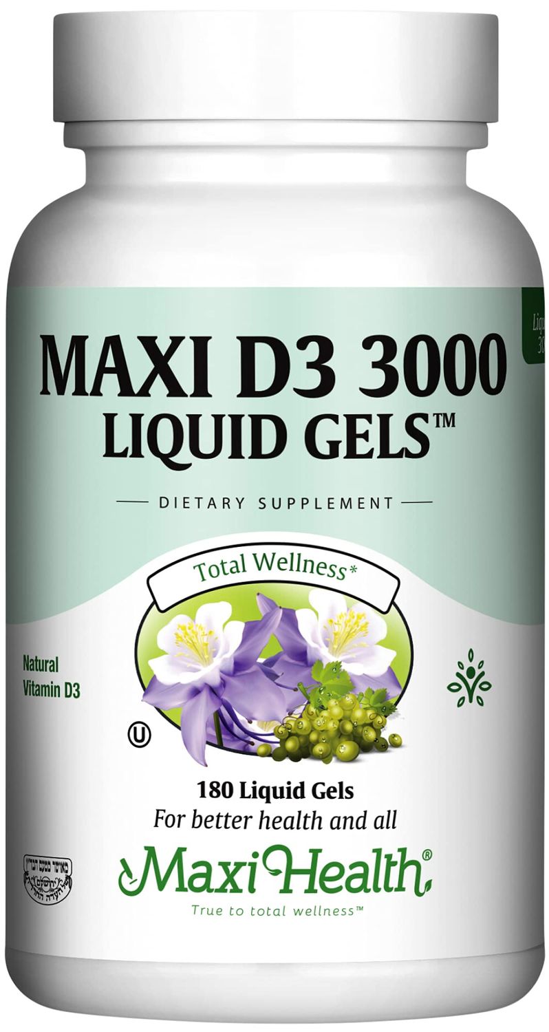 Maxi Health Kosher Vitamin D3 3000 IU - Pure Vitamin D 3000 IU for Healthy Bones, Teeth, Immune Support - High Absorption Vit D3 (180 Liquid Gels)
