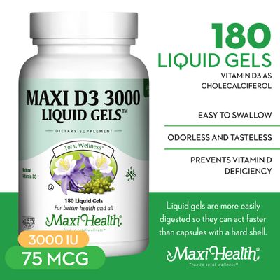 Maxi Health Kosher Vitamin D3 3000 IU - Pure Vitamin D 3000 IU for Healthy Bones, Teeth, Immune Support - High Absorption Vit D3 (180 Liquid Gels)