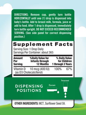 Nature's Truth Vitamin D Drops for Infants | 400 IU | 9.2 mL | D3 Drops for Kids | Vegetarian, Non-GMO, Gluten Free Supplement