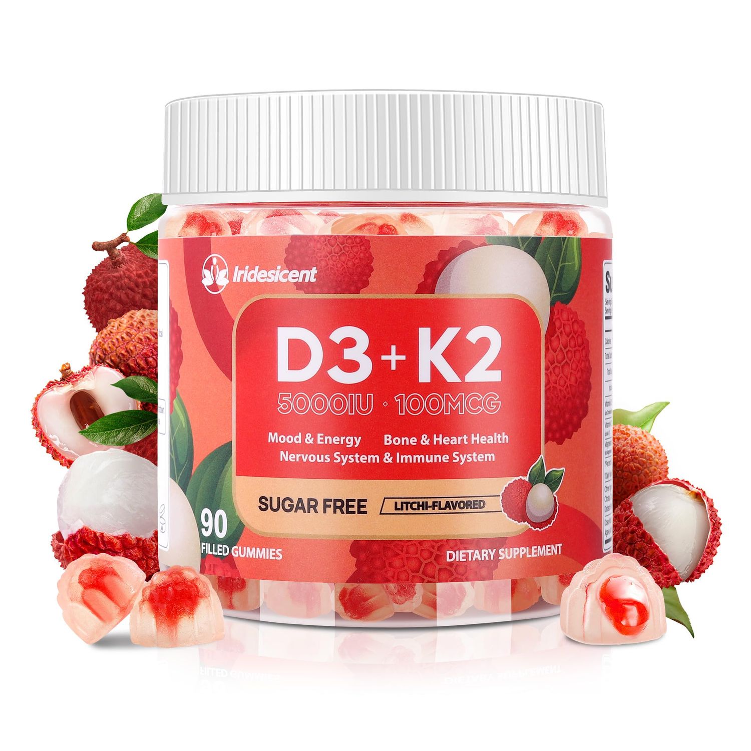 Vitamin D3 K2 Gummies w/Magnesium Sugar Free - 90 Count | D3 Vitamin 5,000 IU + K2(MK-7) 100 mcg - Vegan K2 D3 Vitamin Supplement, Highly Absorbent Supports Bone, Muscle, Mood &amp; Immune(Lychee Flavor)