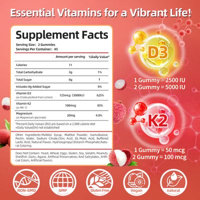 Vitamin D3 K2 Gummies w/Magnesium Sugar Free - 90 Count | D3 Vitamin 5,000 IU + K2(MK-7) 100 mcg - Vegan K2 D3 Vitamin Supplement, Highly Absorbent Supports Bone, Muscle, Mood & Immune(Lychee Flavor)