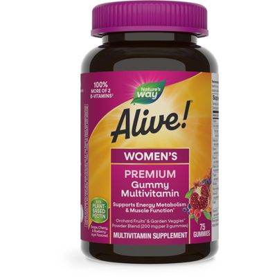 Natures Way Alive! Premium Womens Gummy Multivitamin, Supports Energy Metabolism, Muscle Function*, B-Vitamins, Grape, Cherry, &amp; Blueberry-Acai Flavored, 75 Gummies (Packaging May Vary)