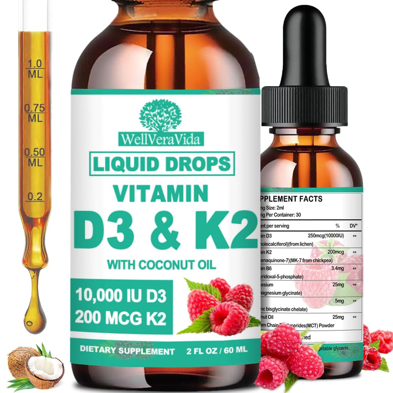 D3 K2 Vitamin 10000iu, Liquid Drop Vitamin D3 With K2 (MK-7)200mcg Coconut Oil, 6X Stronger Than D3 K2 Sofegels, Magnesium Zinc for Absorption -K2 D3 Vitamin Supplement for Joint Teeth &amp; Bone Health
