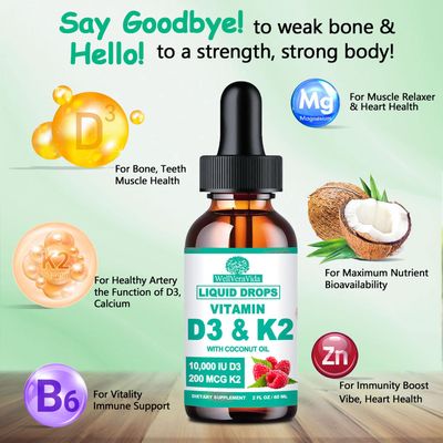 D3 K2 Vitamin 10000iu, Liquid Drop Vitamin D3 With K2 (MK-7)200mcg Coconut Oil, 6X Stronger Than D3 K2 Sofegels, Magnesium Zinc for Absorption -K2 D3 Vitamin Supplement for Joint Teeth &amp; Bone Health