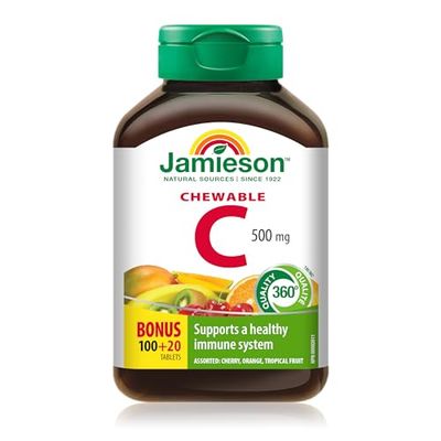 Jamieson Laboratories Vitamin C Chewable 500mg, Mixed 3 Flavours, 120 Count