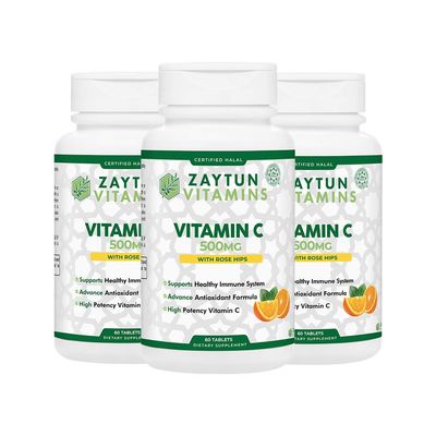 Zaytun Vitamins Halal Vitamin C 500mg Tablets (3-Pack) with Rose HIPS Supports Immune Health, Natural Antioxidant with Citrus Bioflavonoids, Gluten-Free, Vegan, 60 Tablets - Halal Vitamins