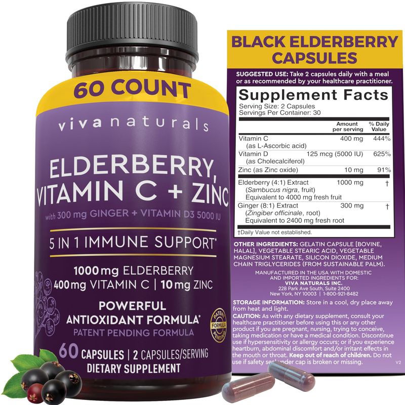 Viva Naturals Sambucus Elderberry with Zinc and Vitamin C for Adults, Vitamin D 5000 IU and Ginger - Immune Support Supplement, 60 Count - Black Dried Elderberry Capsules for Adults