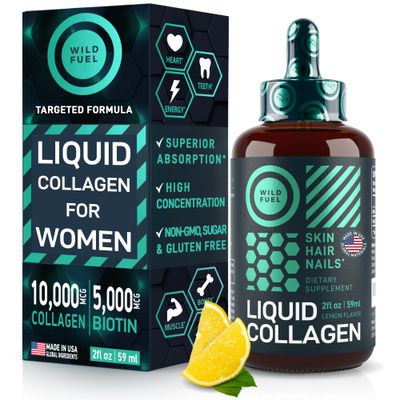 Liquid Collagen Peptides with Biotin Vitamins for Hair Skin and Nails - Biotin and Collagen Supplements - 10,000mcg Liquid Collagen for Women and Men 5,000mcg Biotin - Lemon Flavor, 2-Month - 2 oz