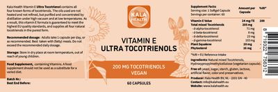 KALA HEALTH Ultra Tocotrienol 200mg Vitamin E Vegan - All 4 tocotrienols - Tocopherol Free - Supports Immune Health & Antioxidant Health Tocotrienols Supplement